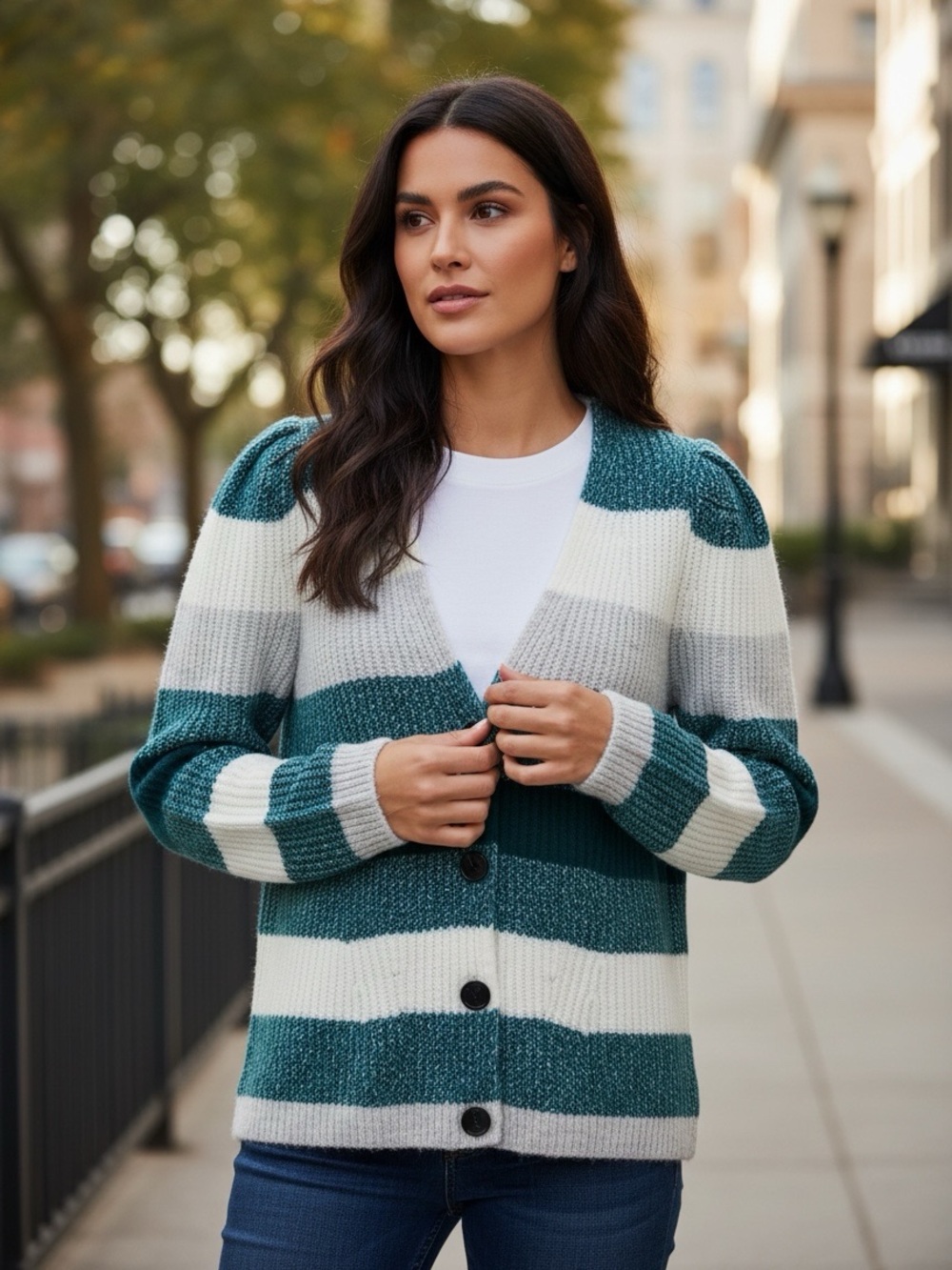 Vince Camuto Cardigan Button Sweater Size XS Teal Blue Green Knit Striped Soft
